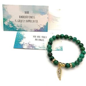 Smiling Wisdom - Angel Wing Appreciation Kindhearted Thank You Keepsake Greeting Card and Stretch Stone Bracelet - Green Rain Flower Stones - 7.5 inches Medium