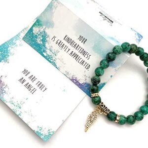 Smiling Wisdom - Angel Wing Appreciation Kindhearted Thank You Keepsake Greeting Card and Stretch Stone Bracelet - Green Rain Flower Stones - 7.5 inches Medium