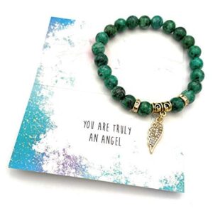 Smiling Wisdom - Angel Wing Appreciation Kindhearted Thank You Keepsake Greeting Card and Stretch Stone Bracelet - Green Rain Flower Stones - 7.5 inches Medium