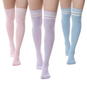 SERICI Thigh-High Socks | Womens Striped Cotton Thigh High Tube Sock | Over Knee Boot Socks (Pink, Baby Blue, Lilac)