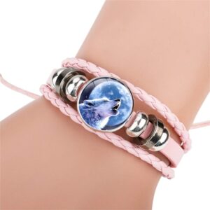 GOOKEY Adjustable Wolf Braided Leather Bracelet - Cute Bangle Bracelets for Women, The Pretty Gifts for Women (Pink)