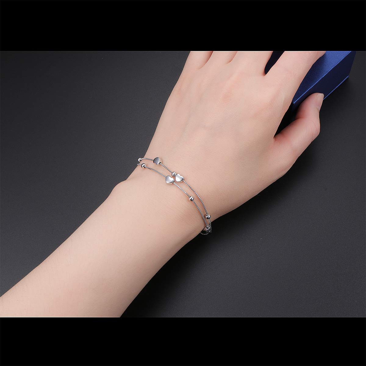 S925 Sterling Silver Jewelry Forever Love Heart Beads Double Chain Bracelet Friendship Adjustable Charm Bracelet Gift for Women