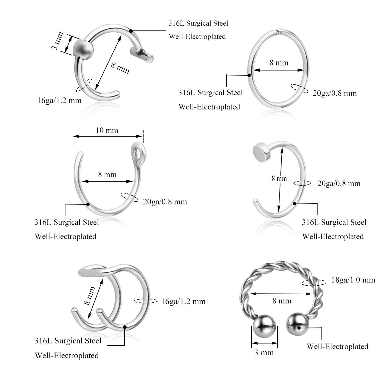 BOPREINA Faux Nose Rings Hoops Set, 12Pcs Stainless Steel Fake Nose Lip Ear Septum Rings Non-Pierced Clip On Cartilage Cuff Earrings Body Jewelry