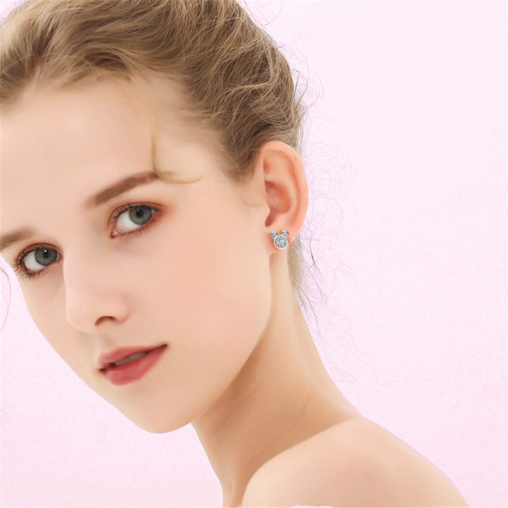 Mouse Stud Earring,S925 Silver Plated Earrings with Sparkling Cubic Zirconia Birthstone,Cute Charm Stud Ear jewelry for Women Girl as Birthday Gift,Hypoallergenic