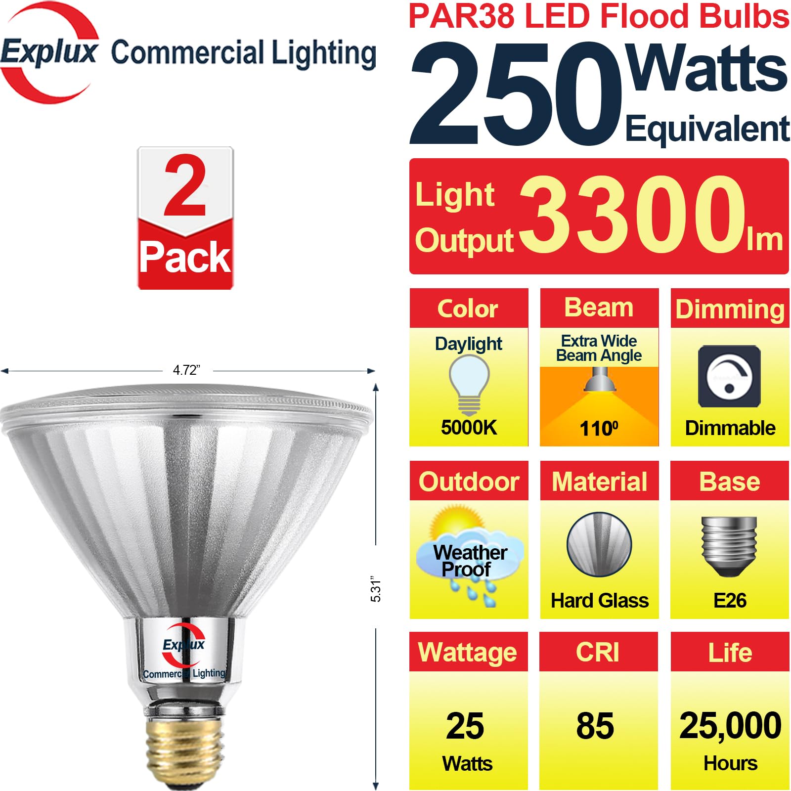 Explux 250 Watt Equivalent PAR38 LED Flood Light Bulbs, Super Bright 3300 Lumens, Dimmable, Full-glass Outdoor Waterproof & Anti-Ageing, 5000K Daylight Spotlight, 2-Pack