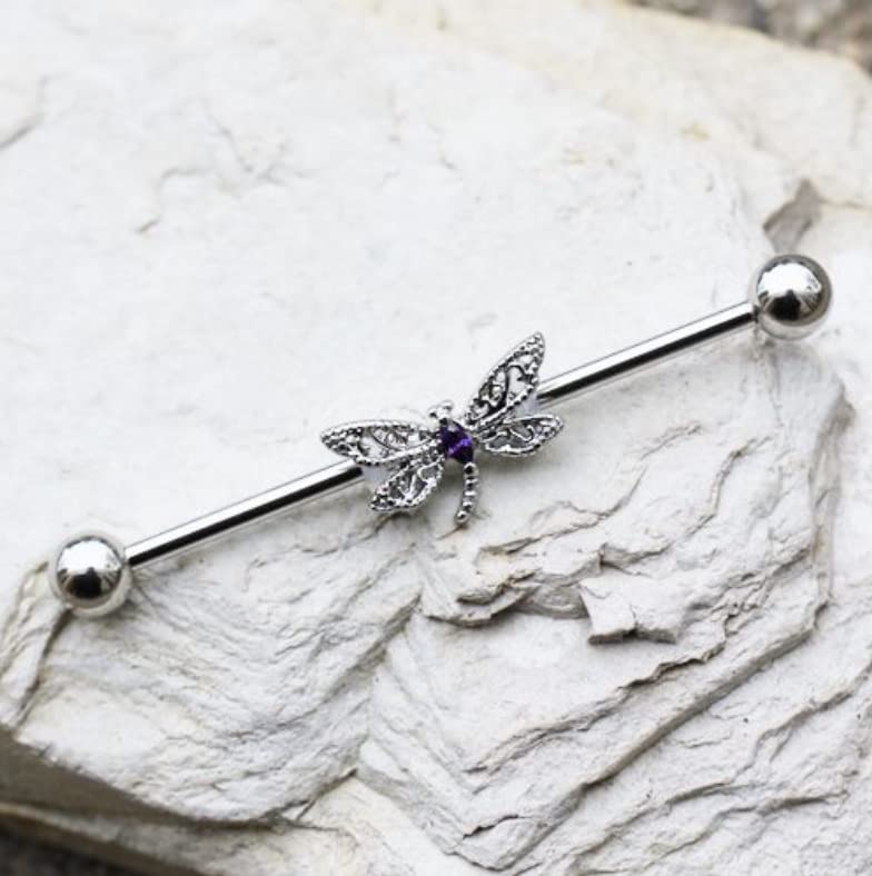 Amelia Fashion 14 Gauge Ornate Dragonfly Industrial Barbell Cartilage 316L Surgical Stainelss Steel (Steel & Purple CZ)