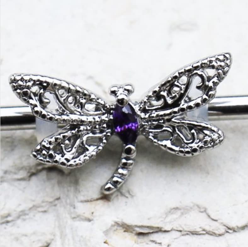 Amelia Fashion 14 Gauge Ornate Dragonfly Industrial Barbell Cartilage 316L Surgical Stainelss Steel (Steel & Purple CZ)