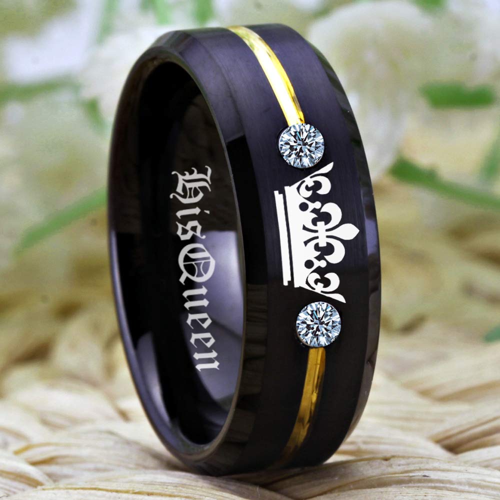 Free Custom Engraving Matching Couples Her King and His Queen Ring Set in Black Tungsten Carbide Rings With Two White CZ- His and Hers for Promise Wedding Jewelry (His Queen, 6.5)