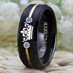 Free Custom Engraving Matching Couples Her King and His Queen Ring Set in Black Tungsten Carbide Rings With Two White CZ- His and Hers for Promise Wedding Jewelry (His Queen, 6.5)