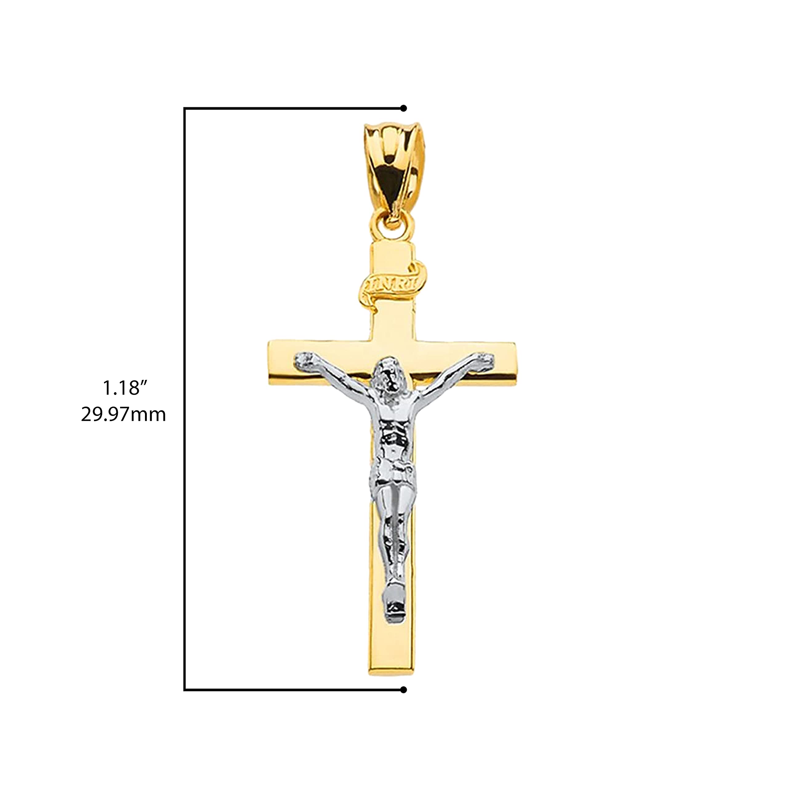 10K Two Tone Yellow & White Gold Catholic Linear Cross INRI Crucifix Pendant Charm - 1.18" (S)