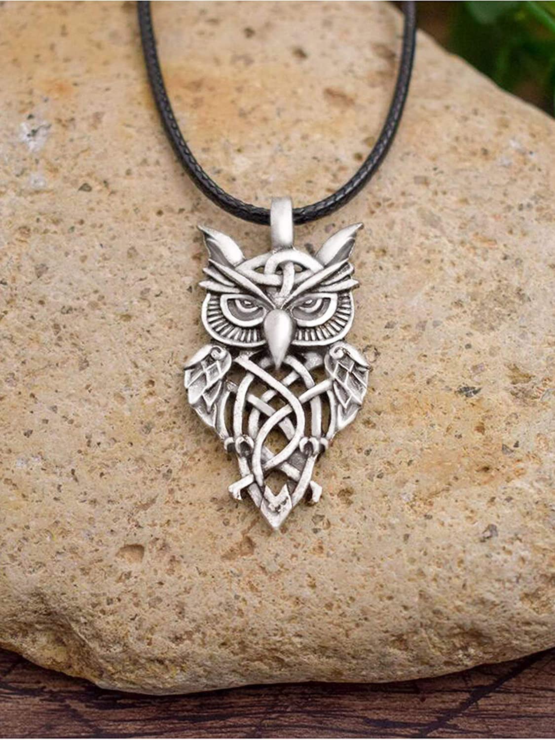 HAQUIL Owl Necklace, Celtic Owl Pendant, Faux Leather Cord, Owl Jewelry Gift for Men and Women (AD)