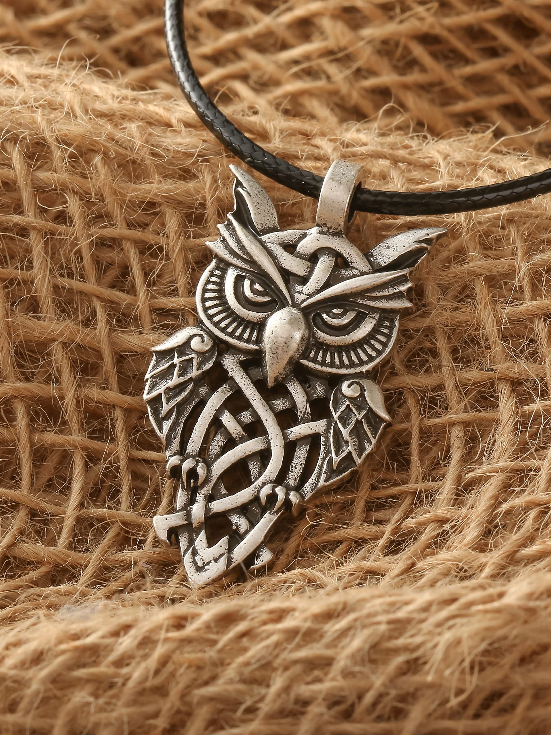 HAQUIL Owl Necklace, Celtic Owl Pendant, Faux Leather Cord, Owl Jewelry Gift for Men and Women (AD)