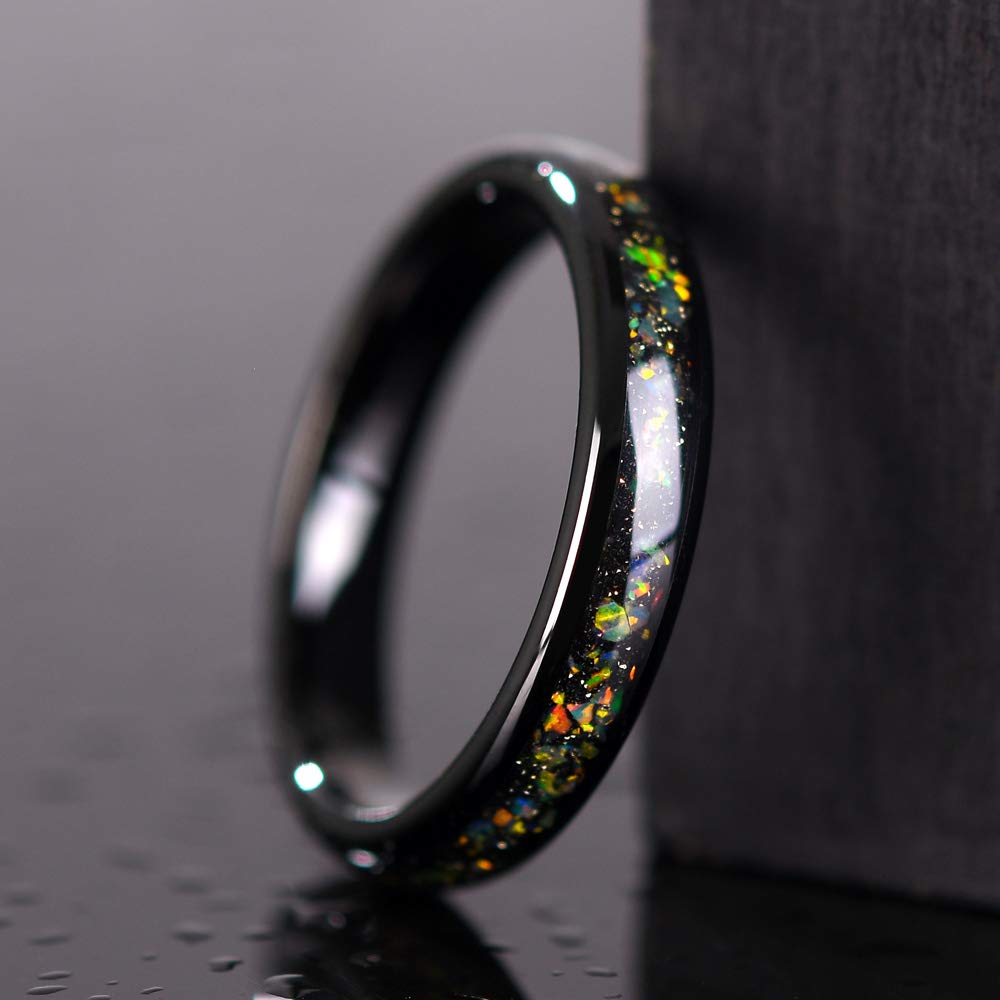 THREE KEYS JEWELRY Womens Tungsten Carbide Galaxy Colourful Fire Stone 4mm Unisex Wedding Bands Rings for Women 4mm Comfort Fit Vintage Black Size 6.5