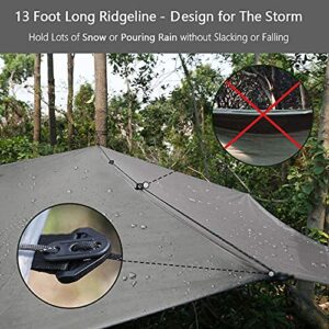 Hammock Rain Fly Tent Tarp Provides Effective Protection Against Rain, Snow. 32ft Long Ridgeline. Big 9.8x9.5ft Durable, Waterproof 210D Oxford. 6 Reflective Guy Lines, 2 Stuff Sacks. Easy Assembly