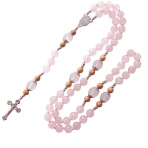 sundysh Rosary Beads Catholic Necklace for Women Girls, Pink Crystal Wood Prayer Rosaries Chain, 5 Decades Steel Crucifix Cross Christian Jewelry Gift