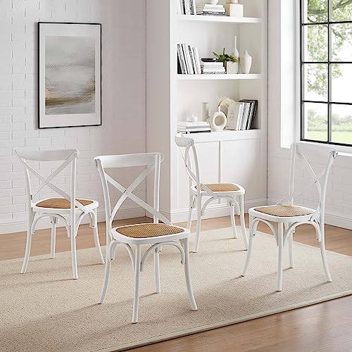 Modway Gear Rustic Modern Farmhouse Elm Wood Rattan Four Dining Chairs in White