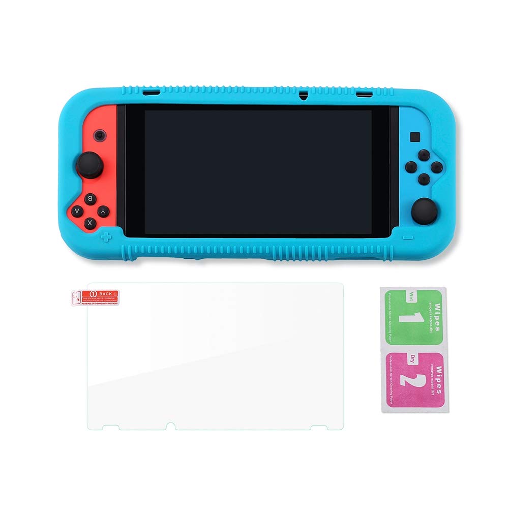 Teyomi Protective Silicone Case for Nintendo Switch, Grip Cover with Tempered Glass Screen Protector, 2 Storage Slots for Game Cards, Shock-Absorption & Anti-Scratch (Blue)