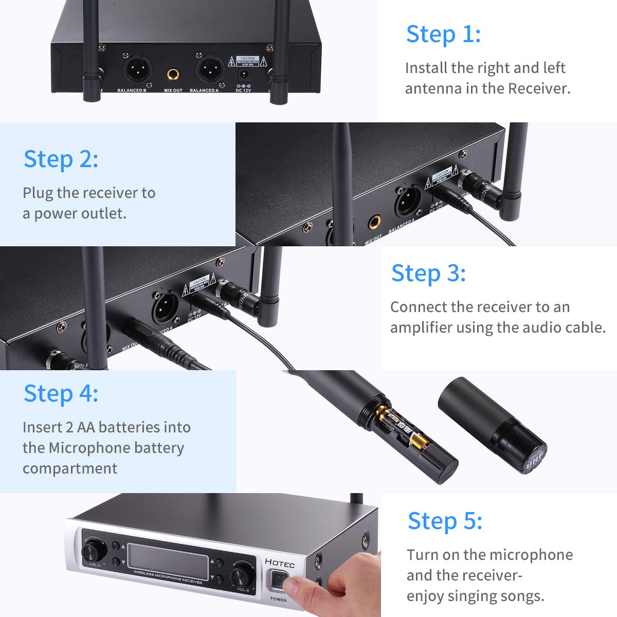 HOTEC Wireless Microphone System, Metal Dual UHF Cordless Dynamic Handheld Microphone for Home Karaoke, Meeting, Party, Church, DJ, Wedding (H-K26)