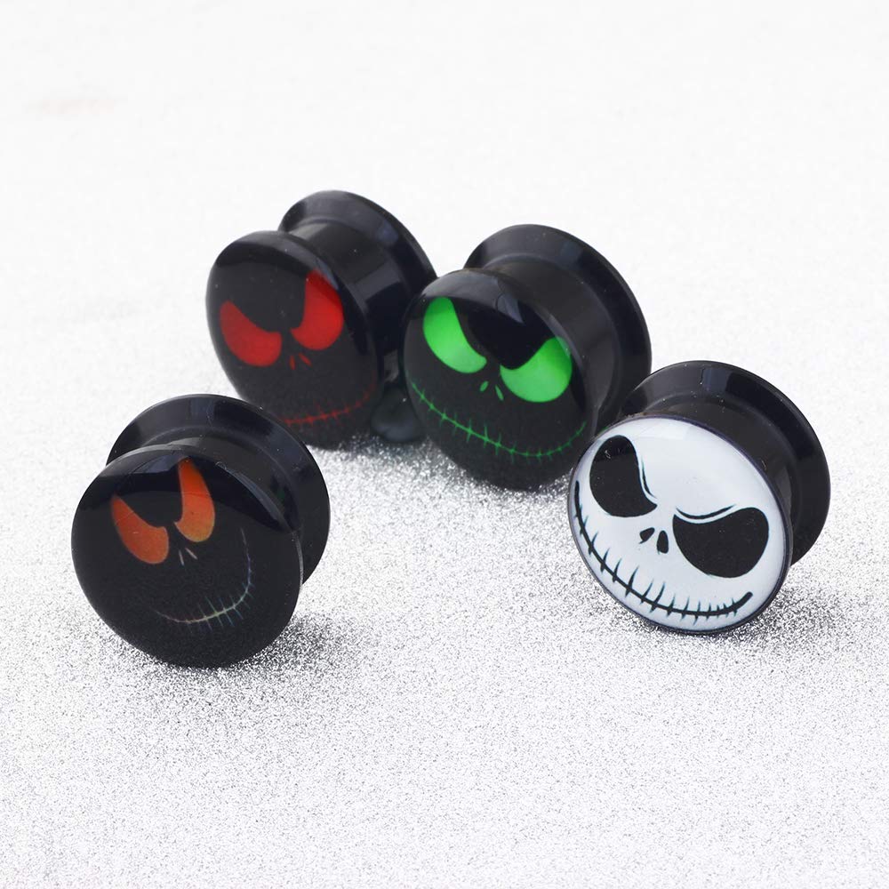 4 Pairs Skull Acrylic Ear Gauges Earring Plugs Logo Internally Threaded Screw fit Flesh Tunnels (8mm=0g)