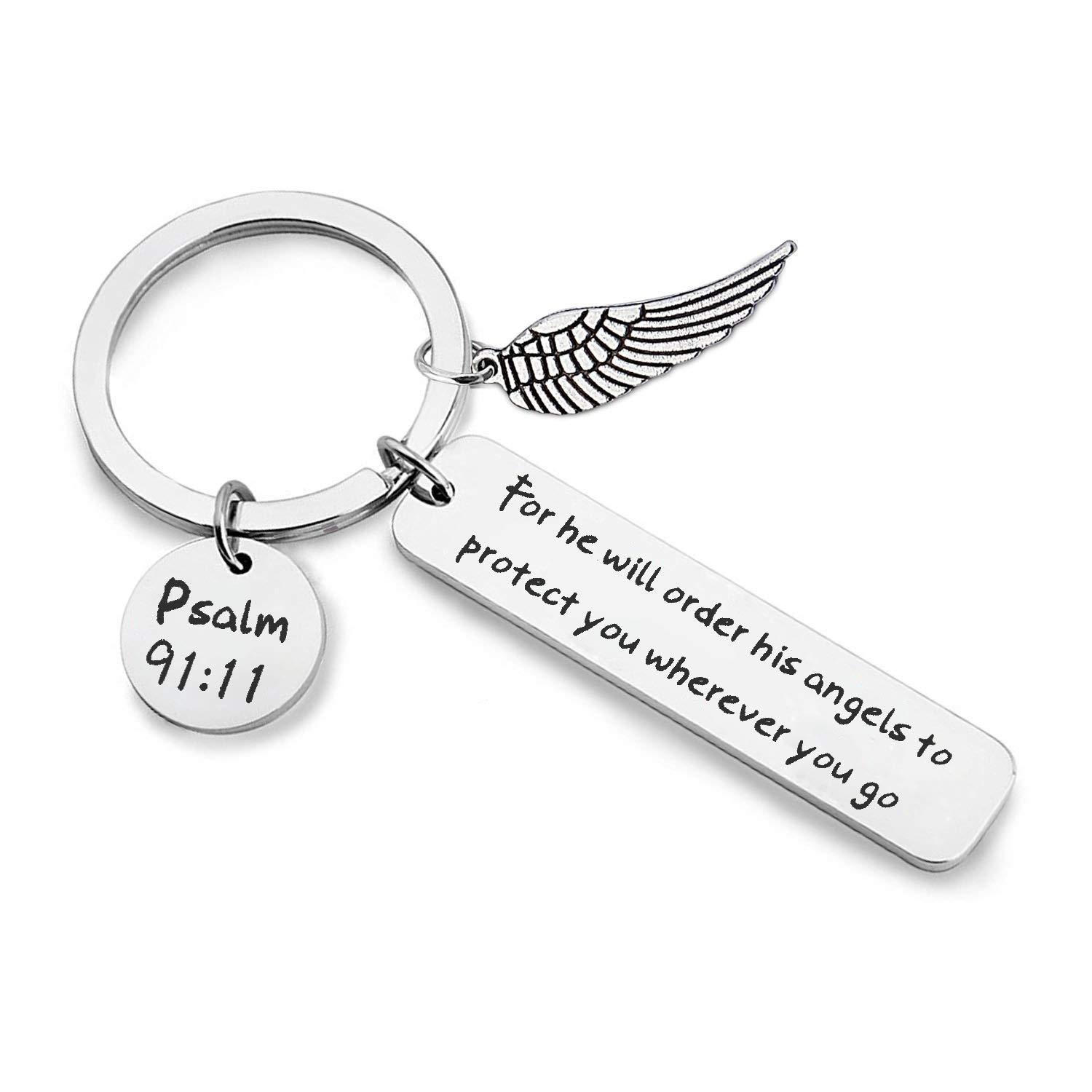 CHOORO Bible Verse Keychain for He Will Order His Angels to Protect You Wherever You Go Religious Jewelry Christian Gift (Keychain)