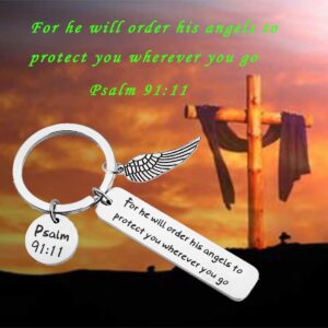 CHOORO Bible Verse Keychain for He Will Order His Angels to Protect You Wherever You Go Religious Jewelry Christian Gift (Keychain)