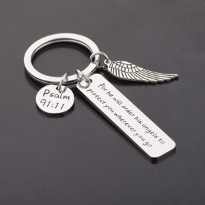 CHOORO Bible Verse Keychain for He Will Order His Angels to Protect You Wherever You Go Religious Jewelry Christian Gift (Keychain)