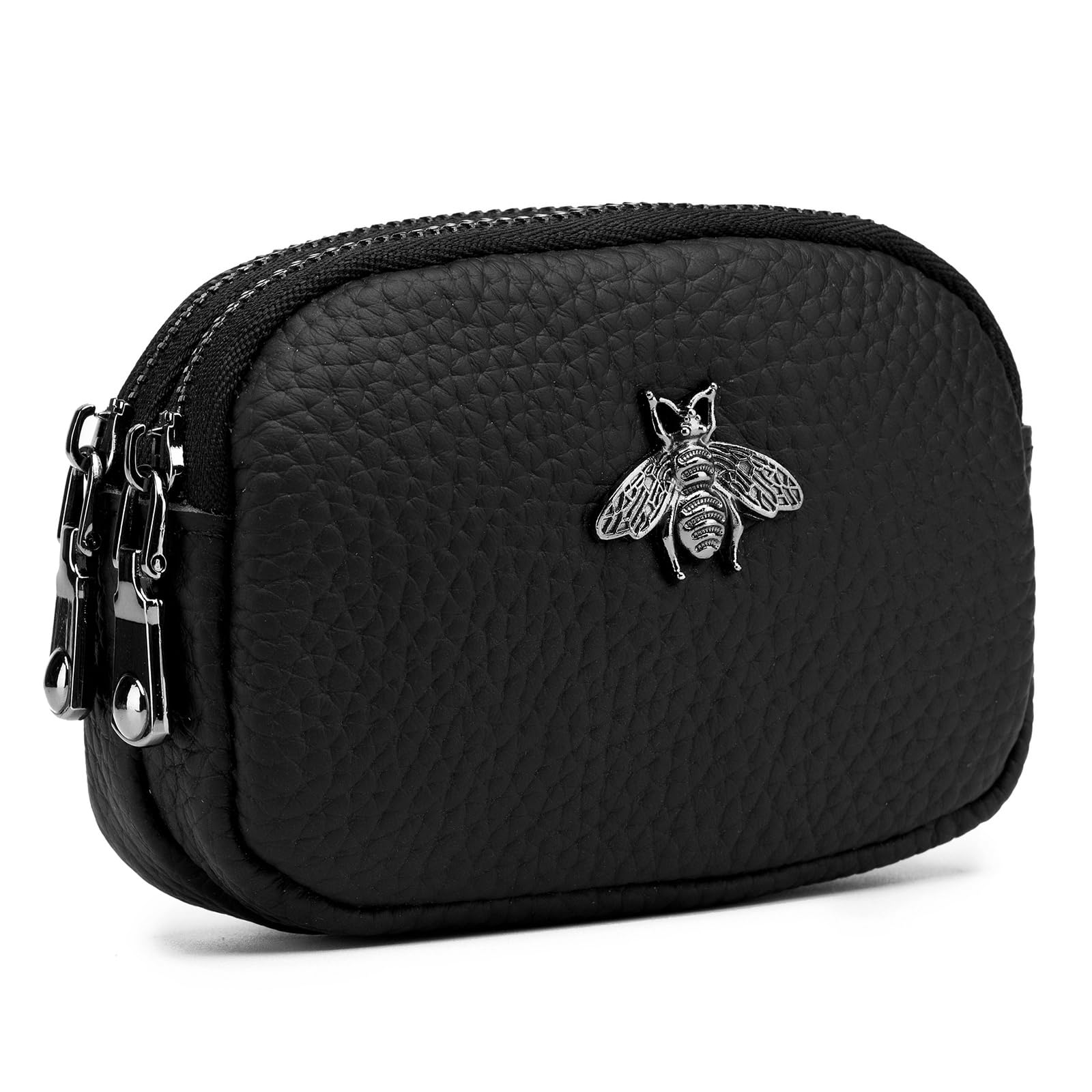 imeetu Women Leather Coin Purse, Small 2 Zippered Change Pouch Wallet(Black)