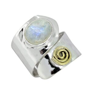 YoTreasure Natural Moonstone Solid 925 Sterling Silver Brass Hammered Finish Ring