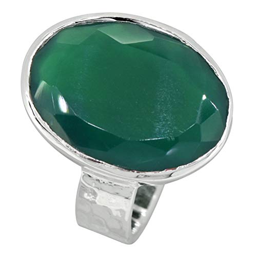 YoTreasure 13x18 MM Green Onyx Solitaire 925 Sterling Silver Hammered Ring