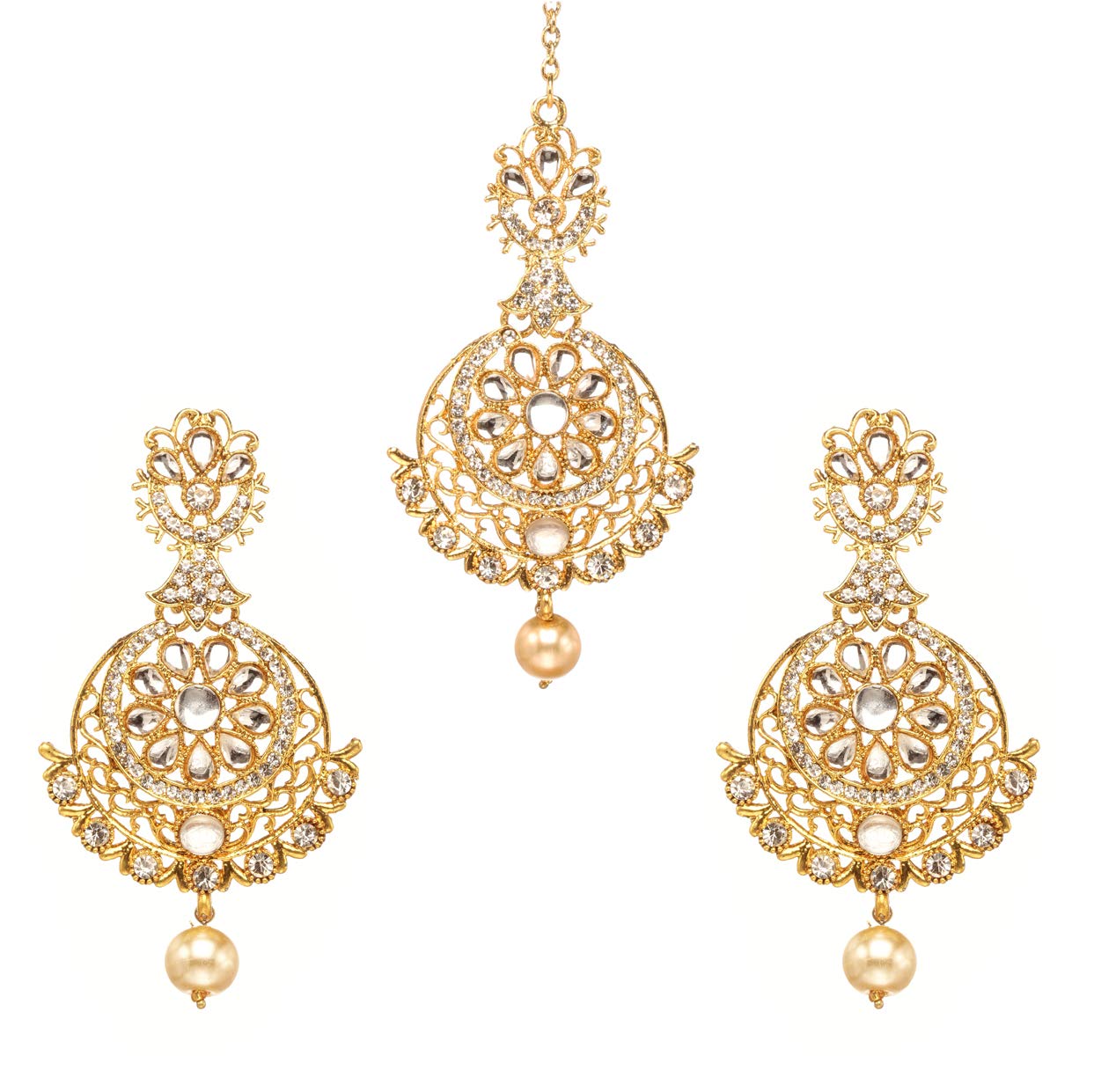 Bindhani Bollywood Fashion Kundan Stone Indian Drop Earrings With HeadPeice Maang Tikka Set For Women (Gold)