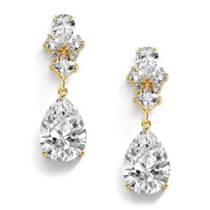 Mariell 14K Gold Plated Cubic Zirconia Teardrop Pear Dangle Drop Wedding Earrings, Bridal & Formal Wear