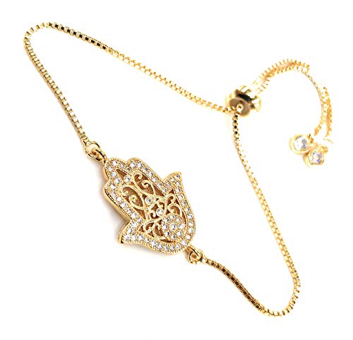 LESLIE BOULES 18K Gold Plated Hamsa Bracelet for Women Adjustable Chain