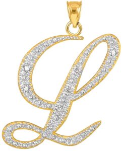 14k yellow gold diamond accented fine dangling cursive initial a-z charm 3/4" pendant (j-k color, i1-i2 clarity) - script letter l