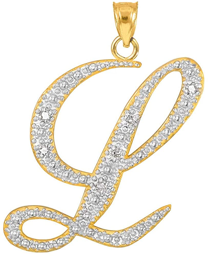 14K Yellow Gold Diamond Accented Fine Dangling Cursive Initial A-Z Charm 3/4" Pendant (J-K Color, I1-I2 Clarity) - Script Letter L