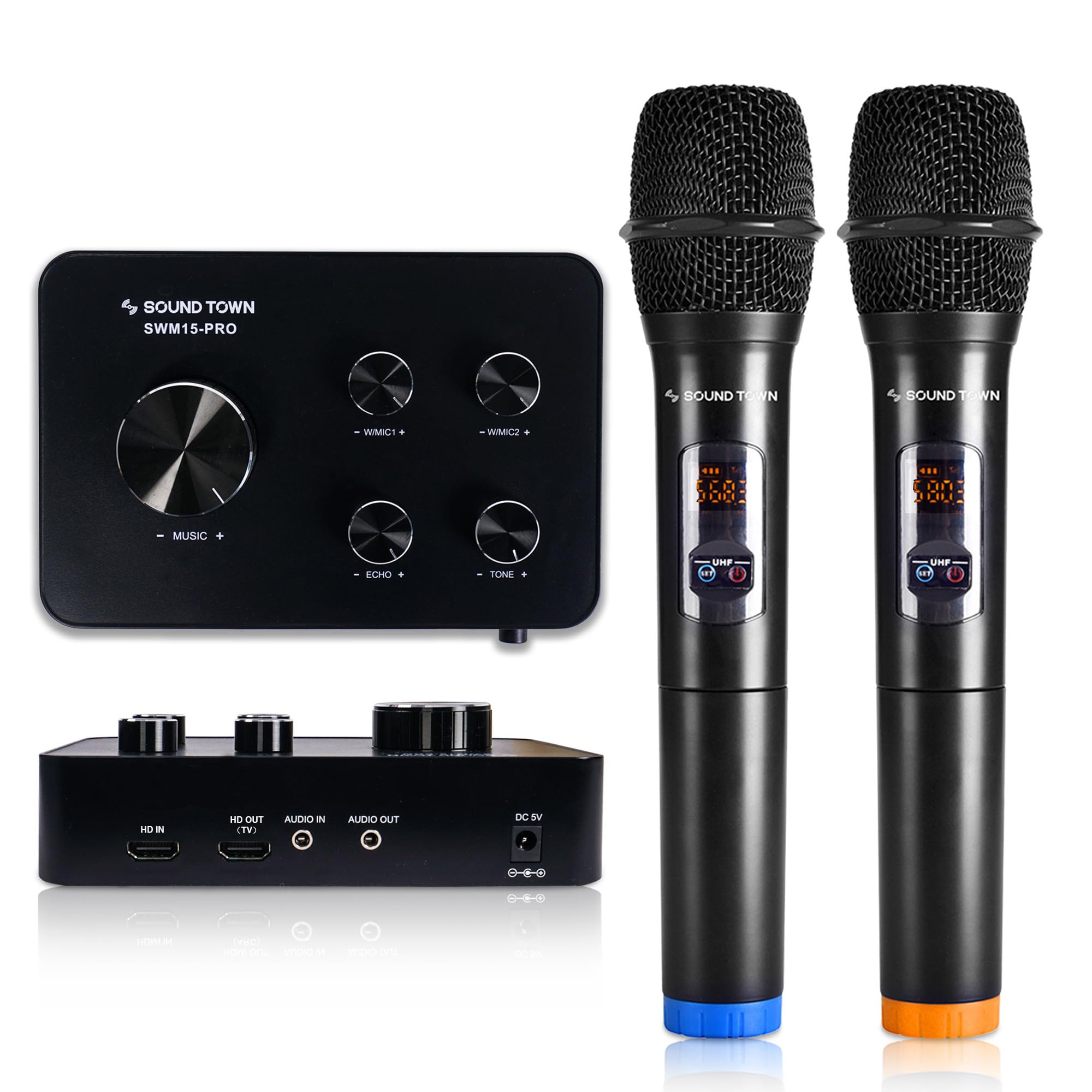 Sound Town Wireless Microphone Karaoke Mixer System with HD Audio Return Channel, Optical, AUX, Bluetooth - Supports Smart TV, Media Box, Sound Bar (SWM15-PRO)