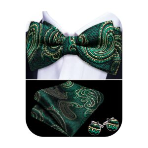 YOHOWA Men Bow Tie Set Paisley Green Gold Silk Pre-Tied Bowtie Shamrock Day Pocket Square Cufflinks Formal Wedding Party Prom