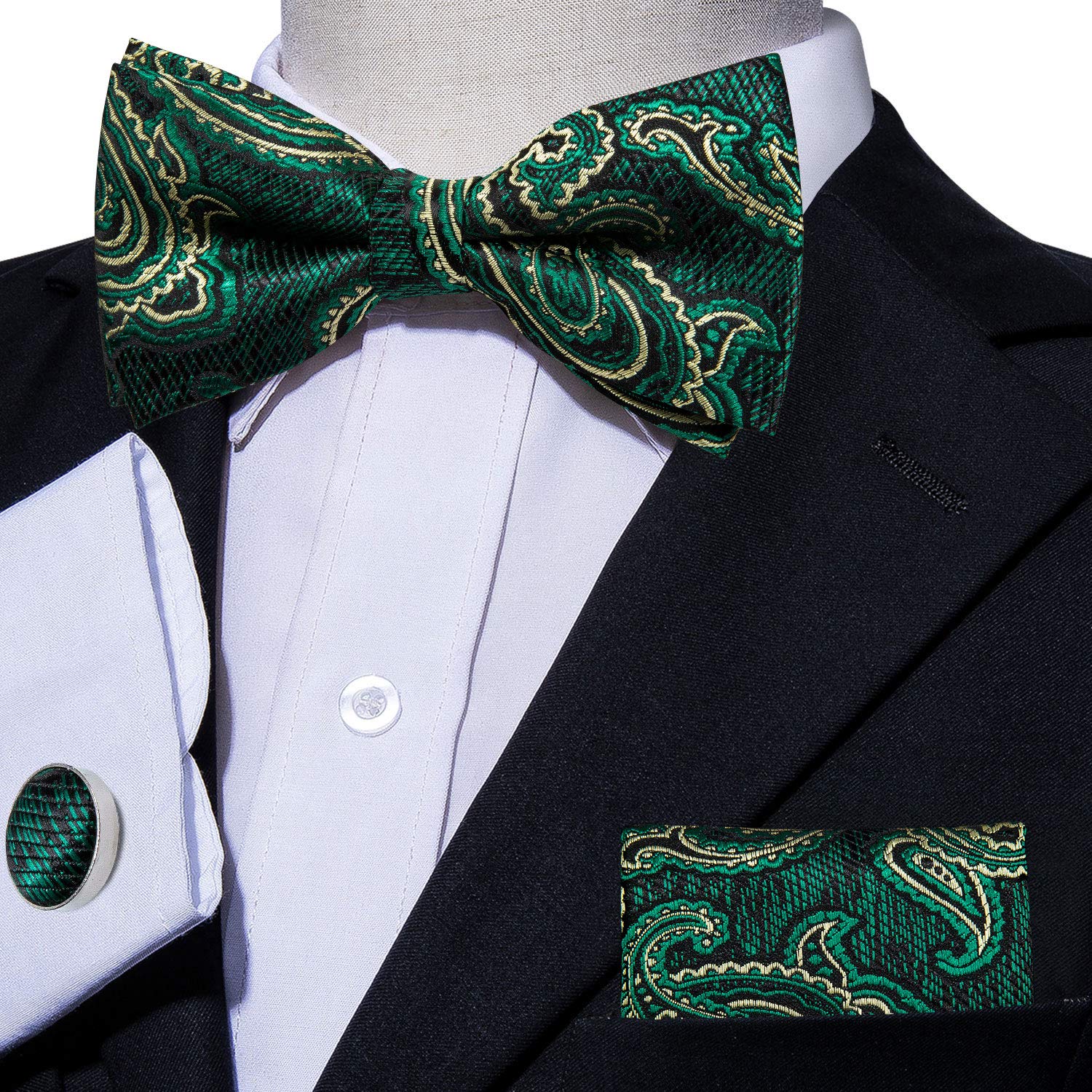 YOHOWA Men Bow Tie Set Paisley Green Gold Silk Pre-Tied Bowtie Shamrock Day Pocket Square Cufflinks Formal Wedding Party Prom