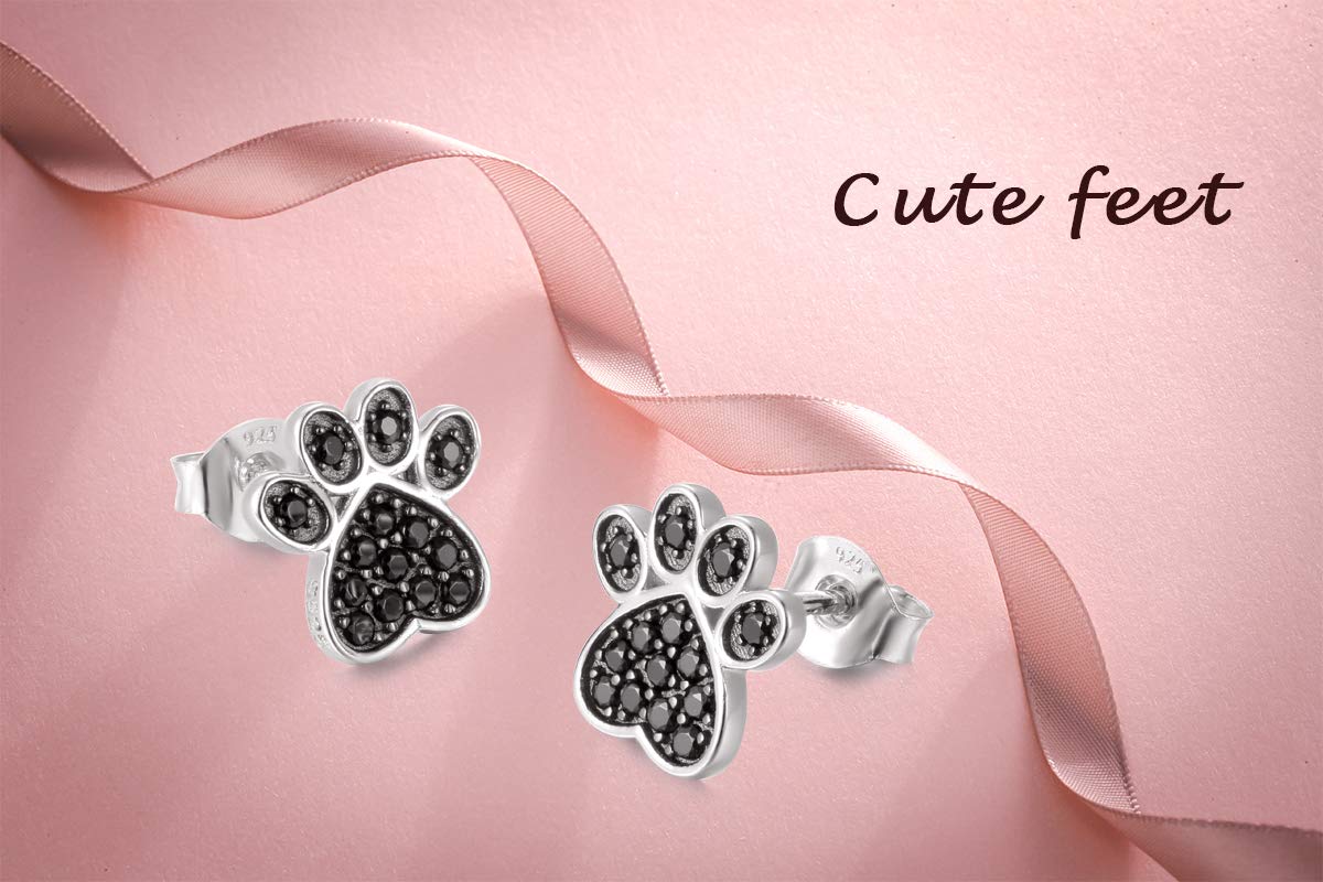 S925 Sterling Silver Jewelry Puppy Dog Cat Pet Paw Print Black CZ Stud Earrings