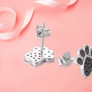 S925 Sterling Silver Jewelry Puppy Dog Cat Pet Paw Print Black CZ Stud Earrings