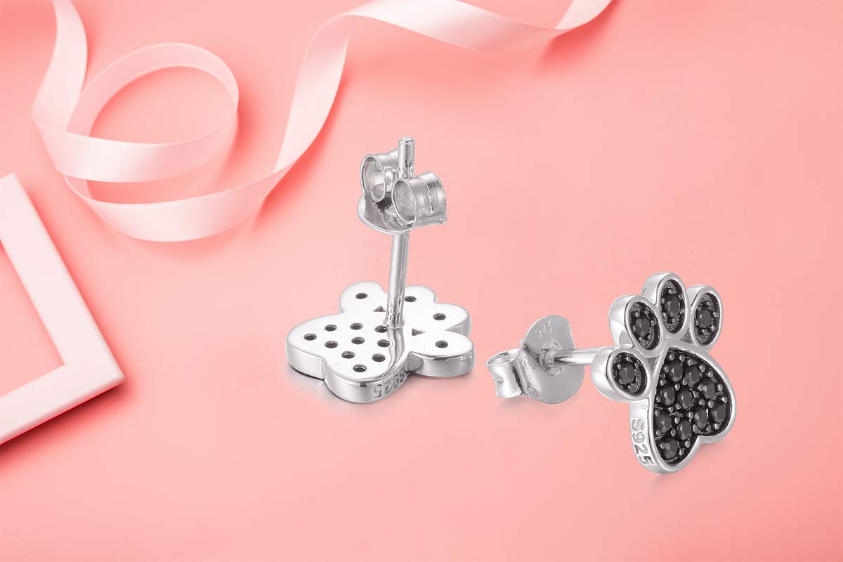 S925 Sterling Silver Jewelry Puppy Dog Cat Pet Paw Print Black CZ Stud Earrings