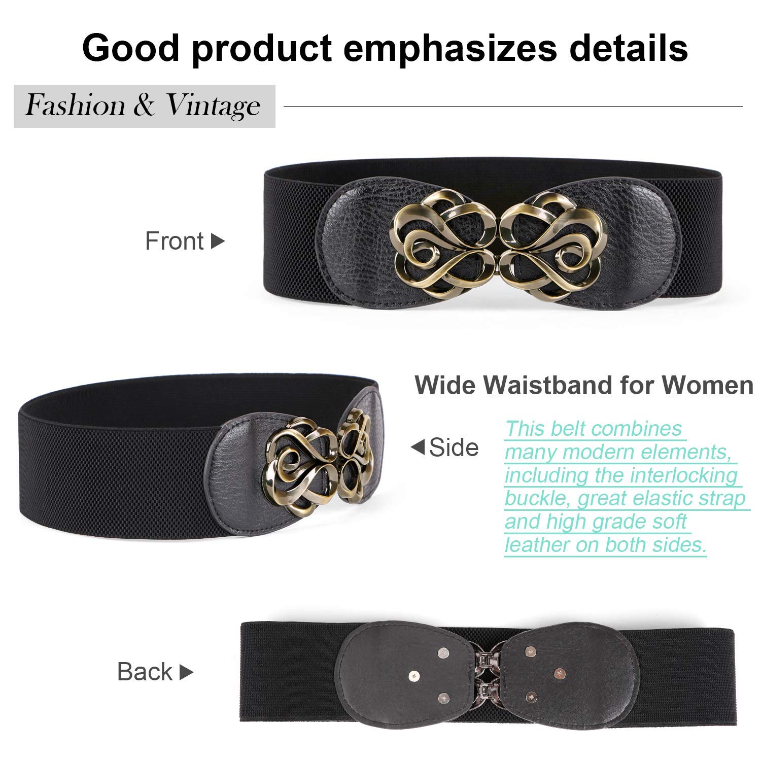 JASGOOD Women Stretchy Belt for Dresses Vintage Elastic Wide Waist Belt, Fit Waist Size 28-35 Inches, Q-Black,