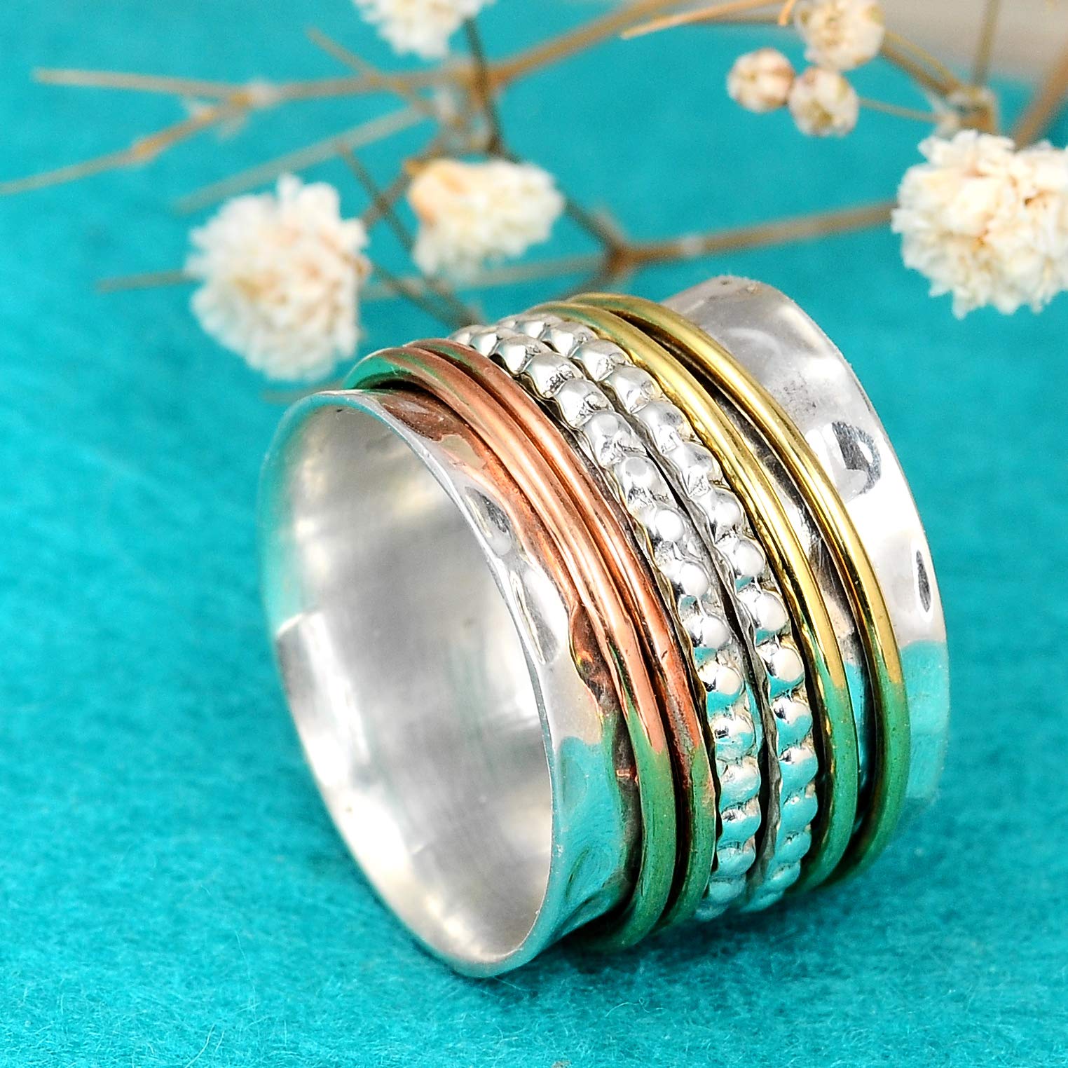 Boho-Magic 925 Sterling Silver Spinner Ring with Brass and Copper Fidget Rings for Women Wide Band (9)