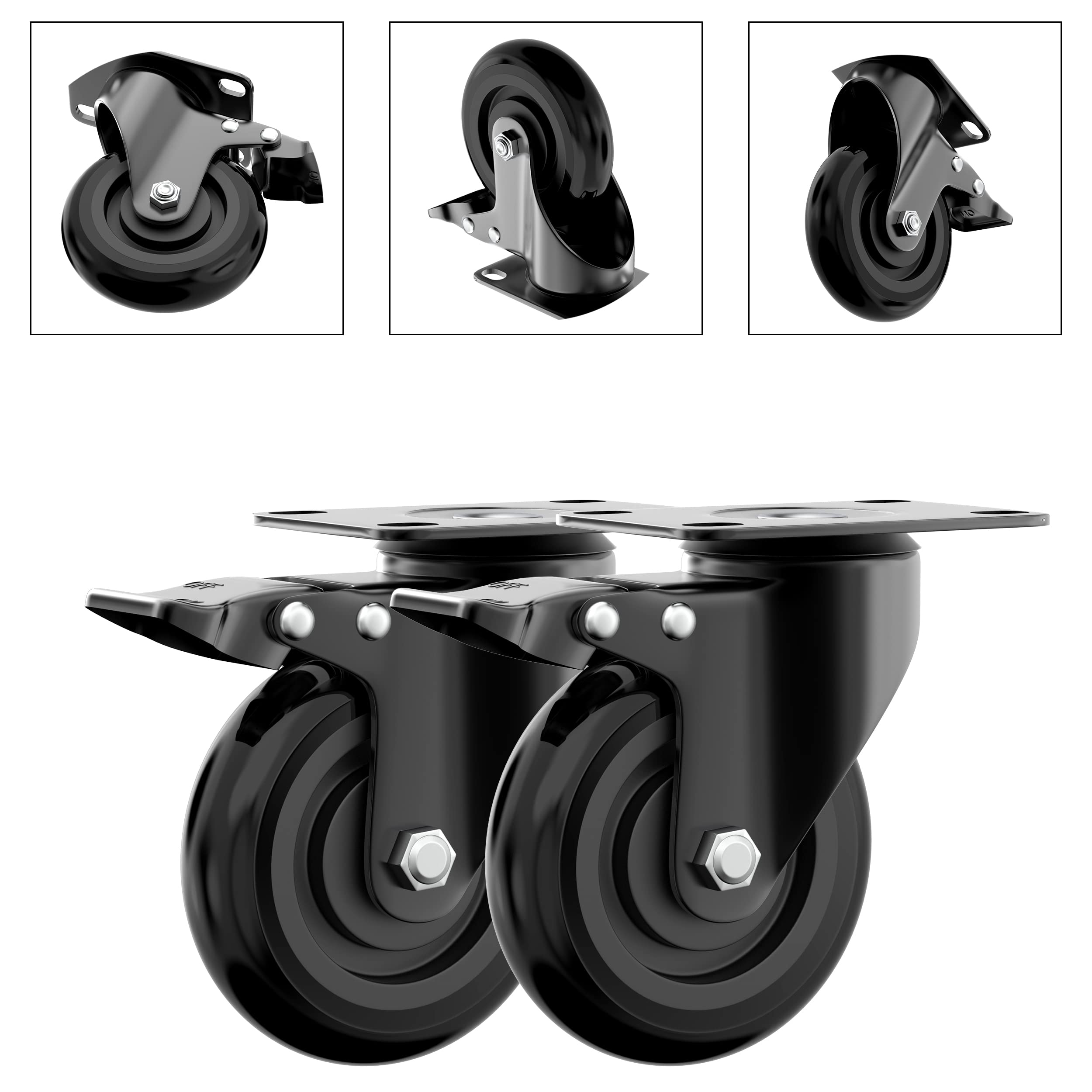 Houseables Caster Wheels, 4 Inch, Set of 4 Heavy Duty Swivel Casters with Brakes, Black, 1000 LB Total Capacity, Metal Locking Castors, Rubber Wheel, for Furniture, Dolly, Carts