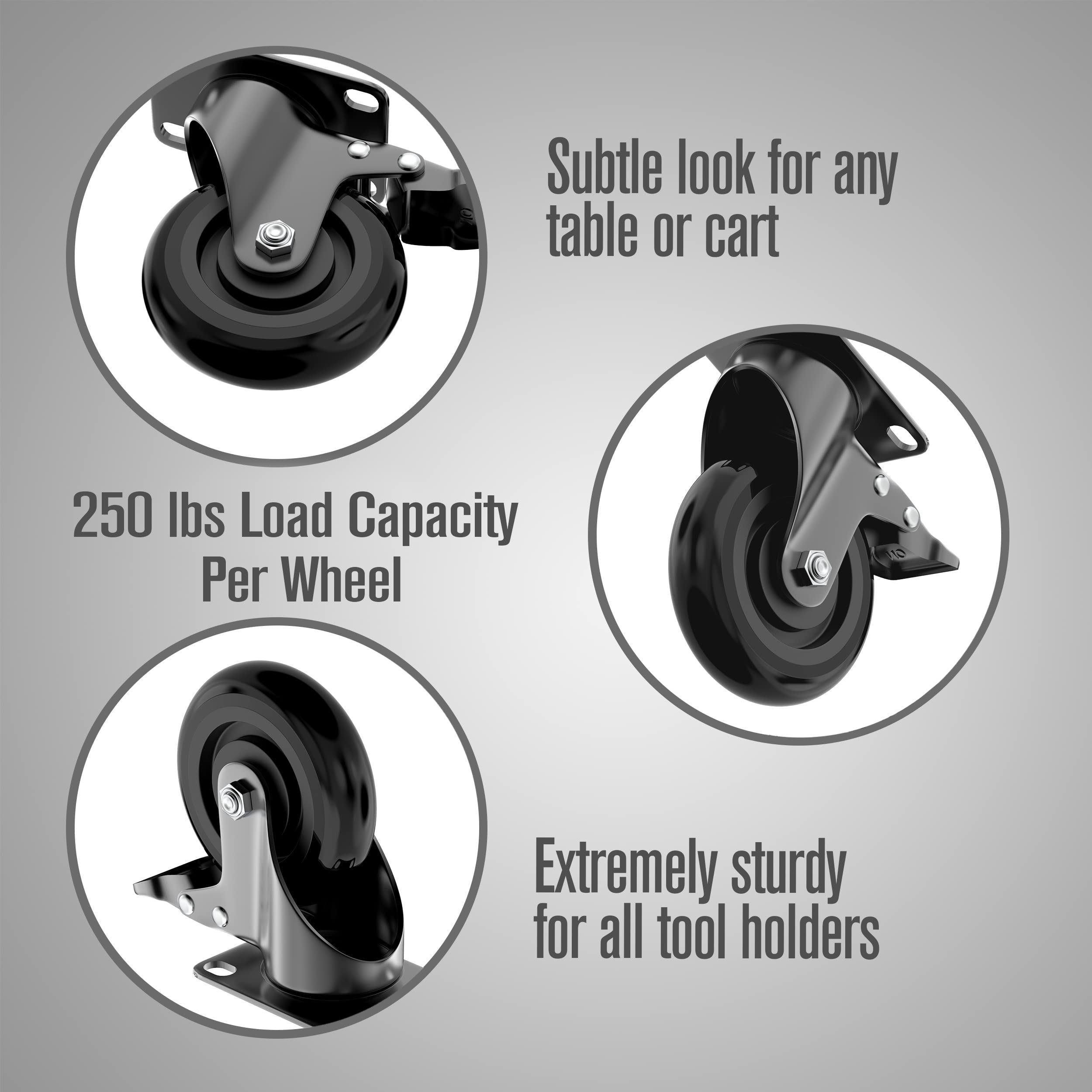 Houseables Caster Wheels, 4 Inch, Set of 4 Heavy Duty Swivel Casters with Brakes, Black, 1000 LB Total Capacity, Metal Locking Castors, Rubber Wheel, for Furniture, Dolly, Carts