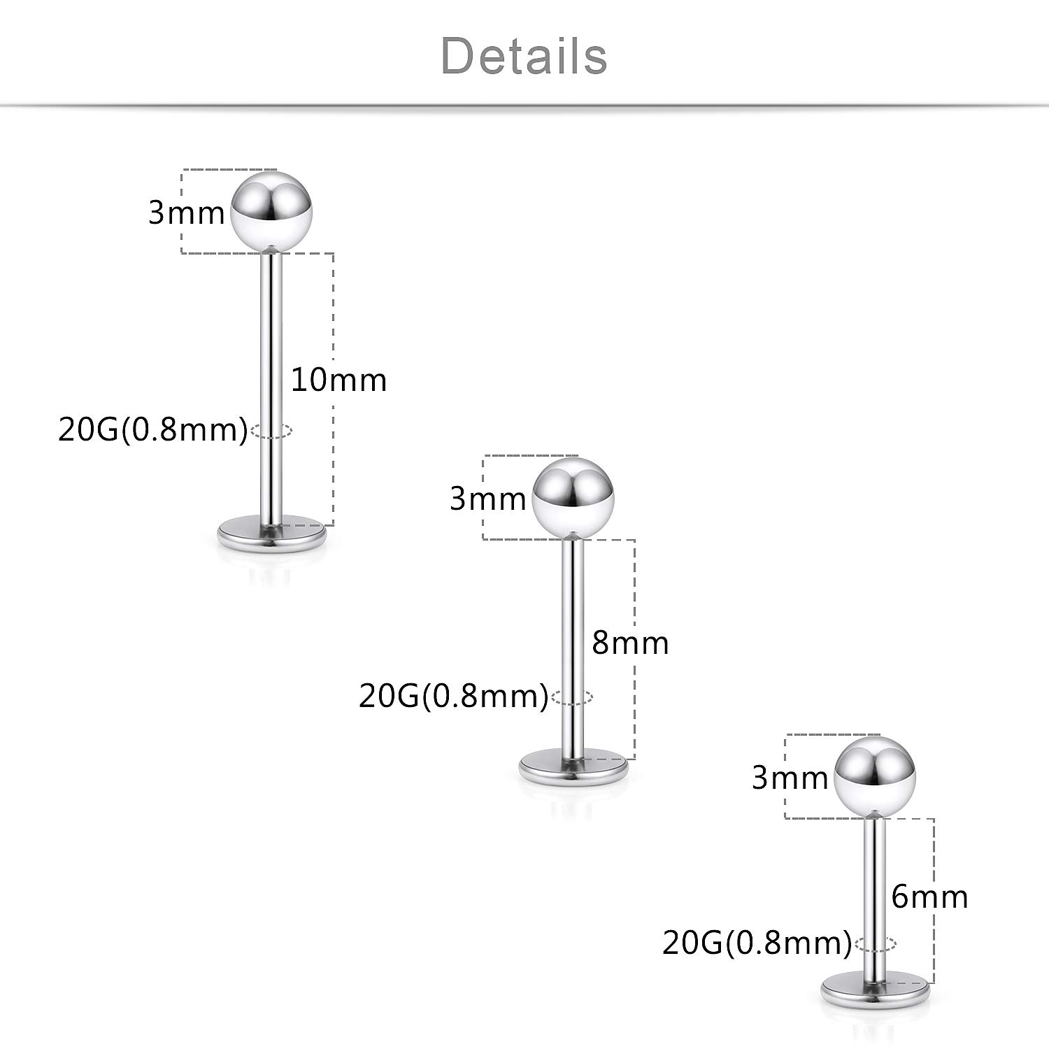 SCERRING 18PCS 20g Stainless Steel 3mm Balls Labret Monroe Lip Tragus Cartilage Helix Earring Ring Body Piercing Jewelry 6mm 8mm 10mm - Silver