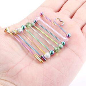 SCERRING 9PCS 14G Stainless Steel Industrial Barbell Cartilage Helix Conch Earring Body Piercing Jewelry 1 1/2Inch(38mm) Heart Arrow Screw Balls for Women Men Rainbow