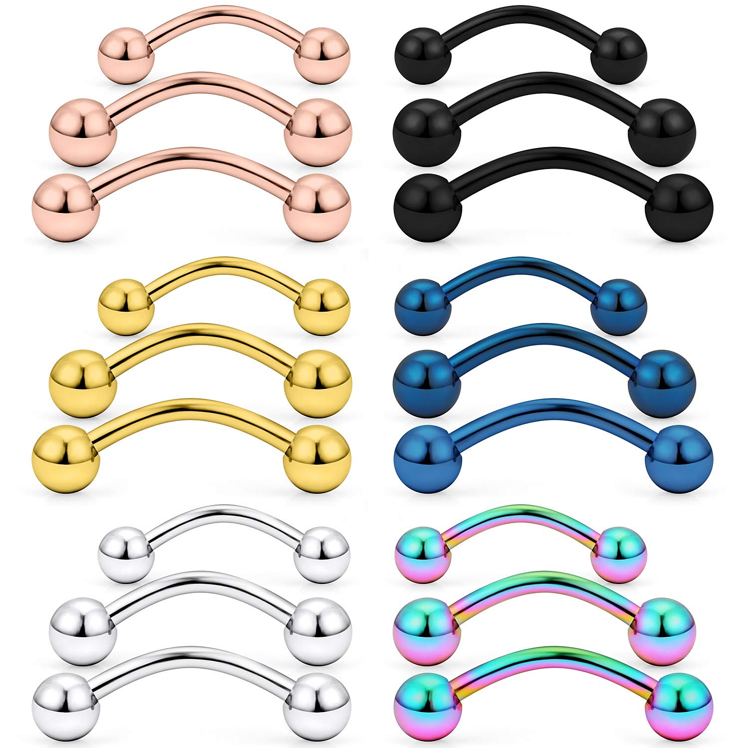 SCERRING 18PCS 12G Stainless Steel Eyebrow Tragus Helix Rook Daith Earrings Tongue PA Nipple Ring Barbell with Balls Body Piercing Jewelry 12mm 14mm 16mm Mix Color