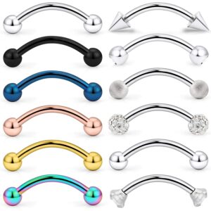 SCERRING 12PCS 16G 10mm Stainless Steel Eyebrow Tragus Helix Rook Daith Earrings Belly Lip Ring Clear Cubic Zirconia Barbell Body Piercing Jewelry Silver