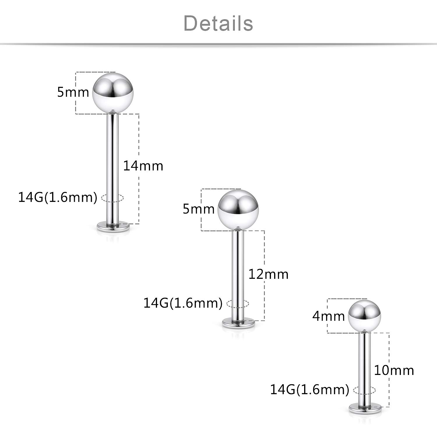 SCERRING 18PCS 14g Stainless Steel Balls Labret Monroe Lip Cheek Tragus Cartilage Helix Earring Ring Body Piercing Jewelry 10-14mm - Mix Color