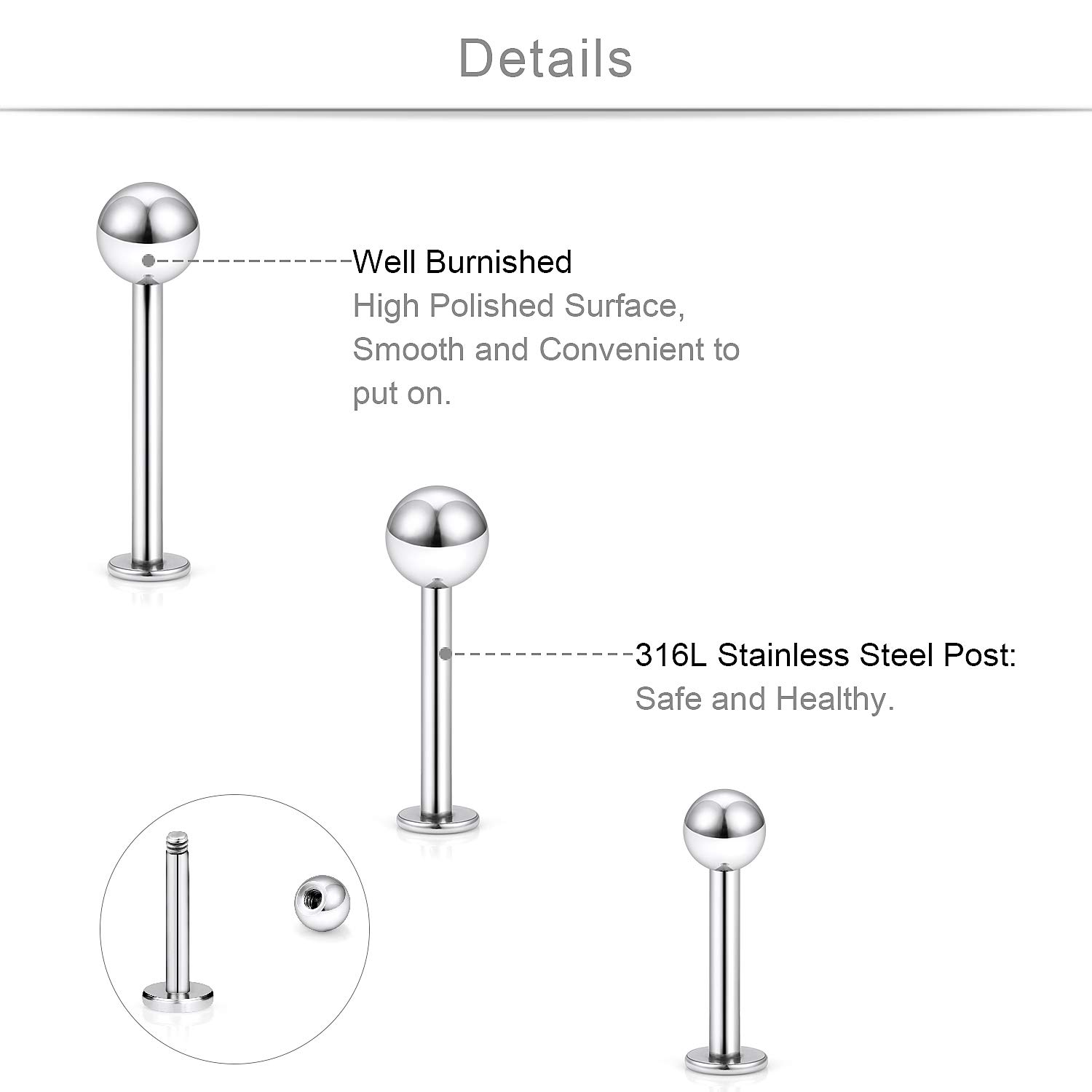 SCERRING 18PCS 14g Stainless Steel Balls Labret Monroe Lip Cheek Tragus Cartilage Helix Earring Ring Body Piercing Jewelry 10-14mm - Mix Color